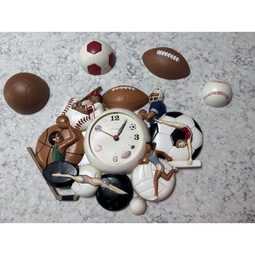 Vintage Burwood Sports Wall Clock WITH matching sports ball wall accent pieces